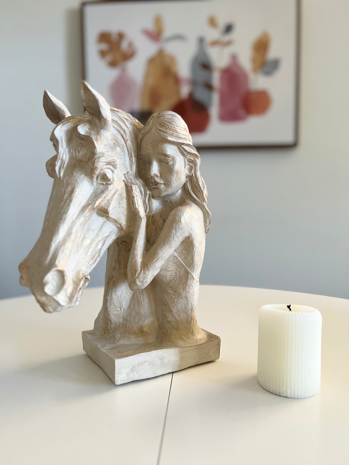 Equestrian Spirit Sculpture – Elegant Horse and Woman Statue in Beige for Modern Decor