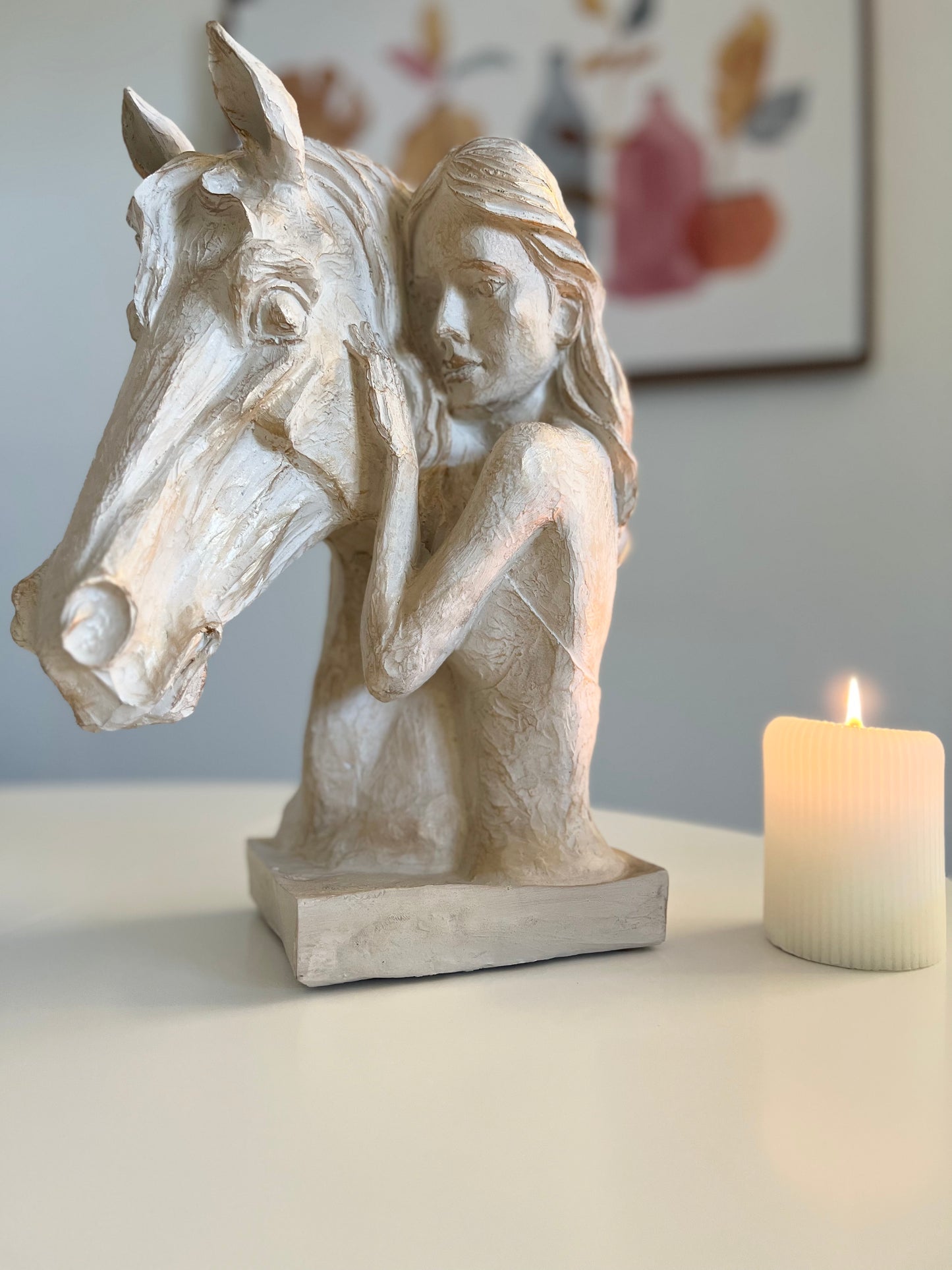 Equestrian Spirit Sculpture – Elegant Horse and Woman Statue in Beige for Modern Decor