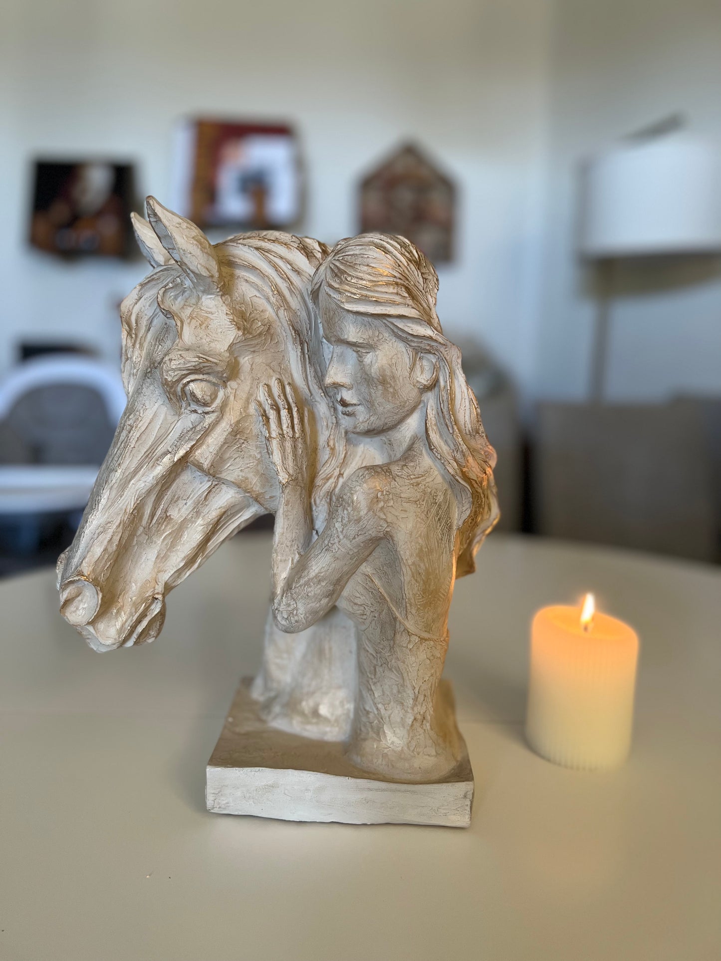 Equestrian Spirit Sculpture – Elegant Horse and Woman Statue in Beige for Modern Decor