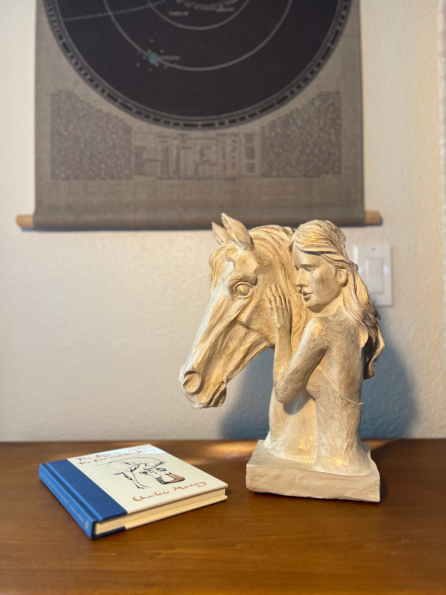 Equestrian Spirit Sculpture – Elegant Horse and Woman Statue in Beige for Modern Decor