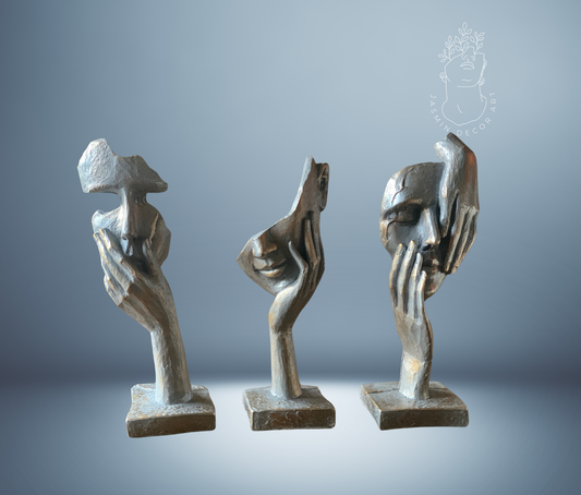 Silent, Shy and Thinker Abstract Face Statues (Blue Gray Gold)