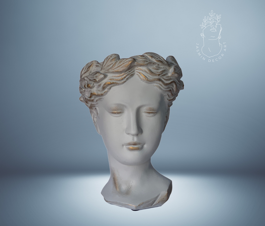 Handmade Greco-Roman Goddess Venus Head statue planter with antique finish, ideal for displaying succulents, herbs, or candles.