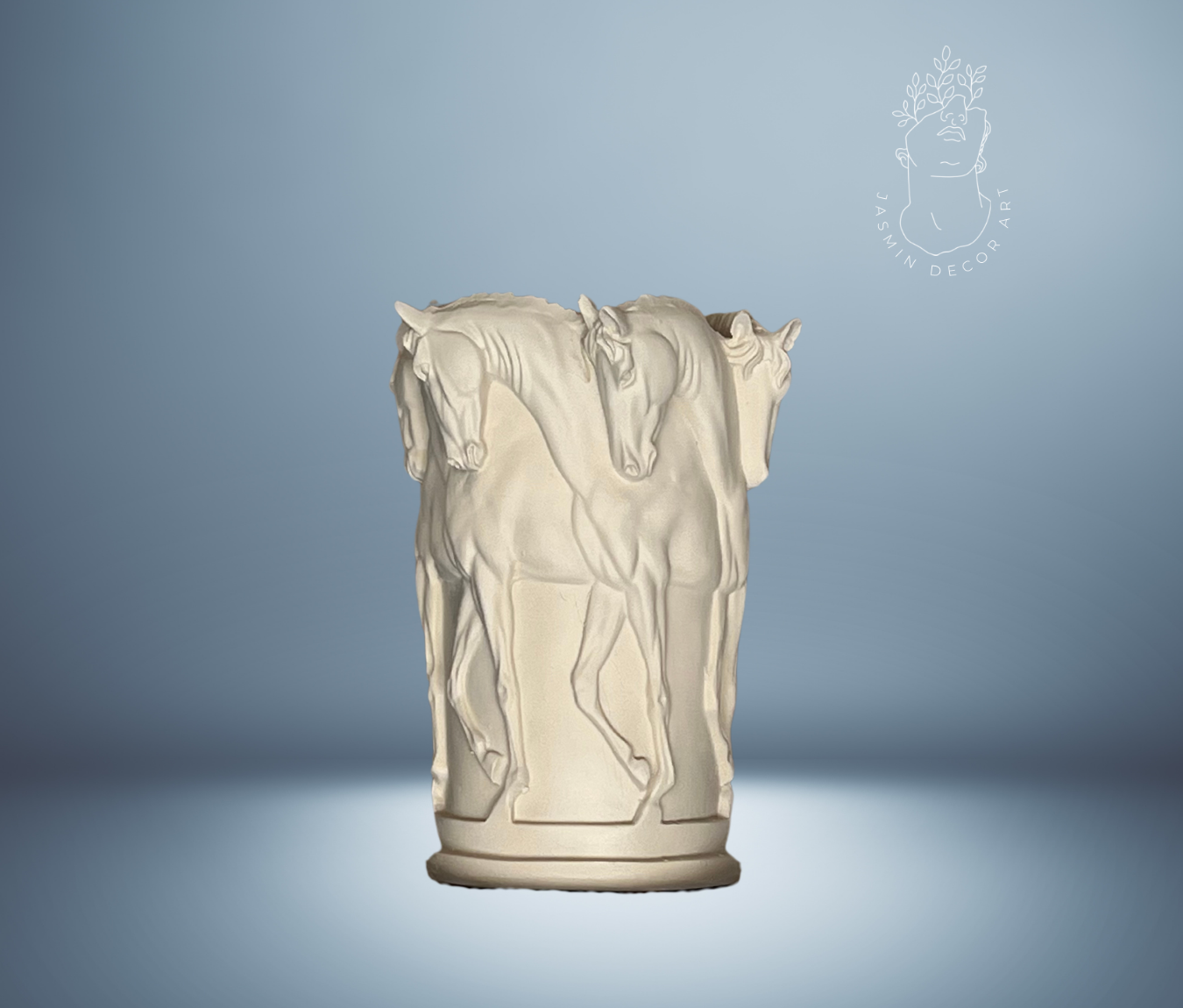 Elegant vase featuring six stallions in motion, available in Black Silver, Beige Gold, and Beige finishes. Perfect decorative piece for horse enthusiasts