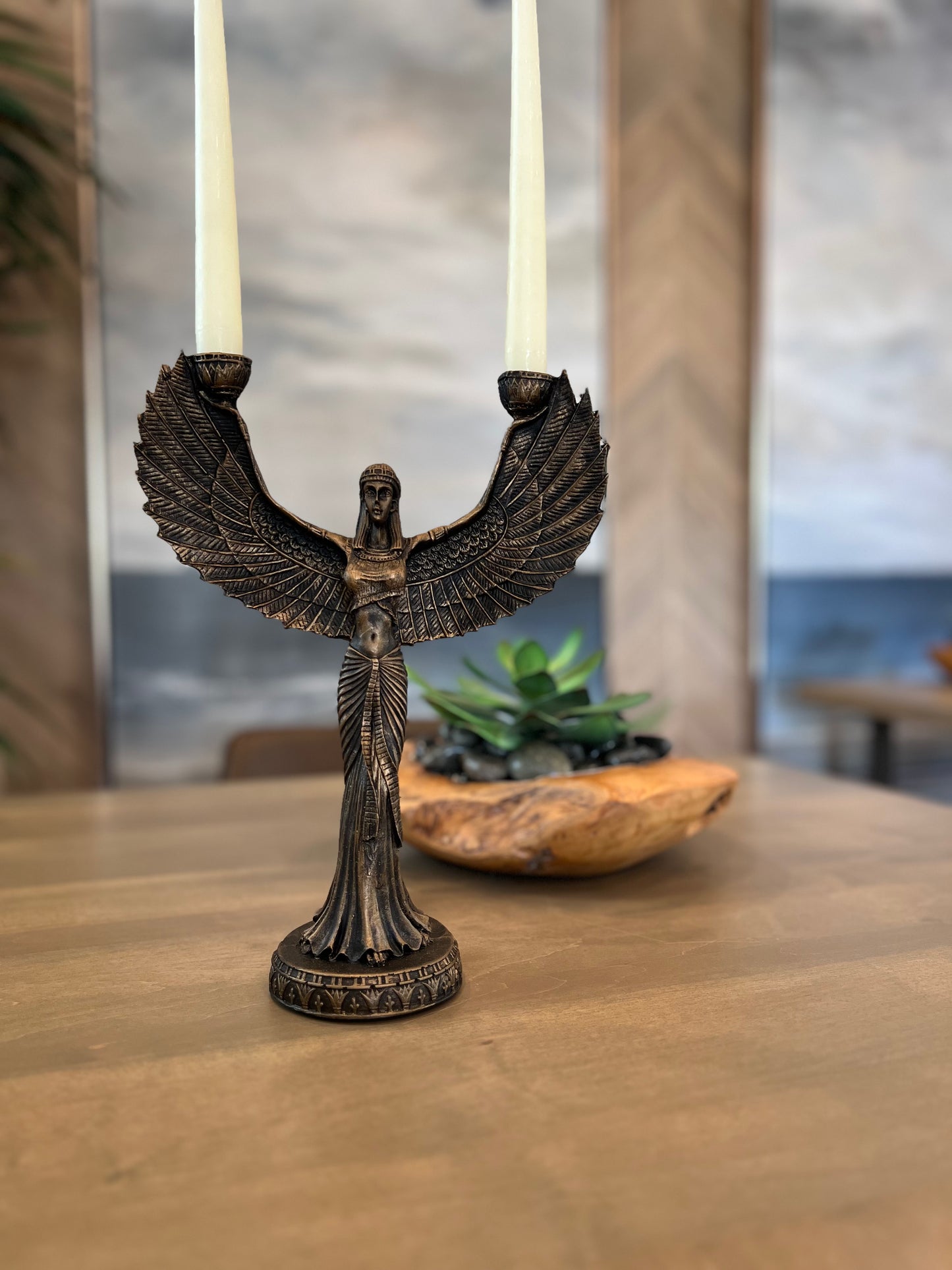 Ancient Egyptian Goddess Isis with Open Wings Candle Holder, beautifully sculpted and hand-painted, made of concrete, resin, and poly-stone, 13 inches in height and 9.9 inches in width, perfect for home and office decor.