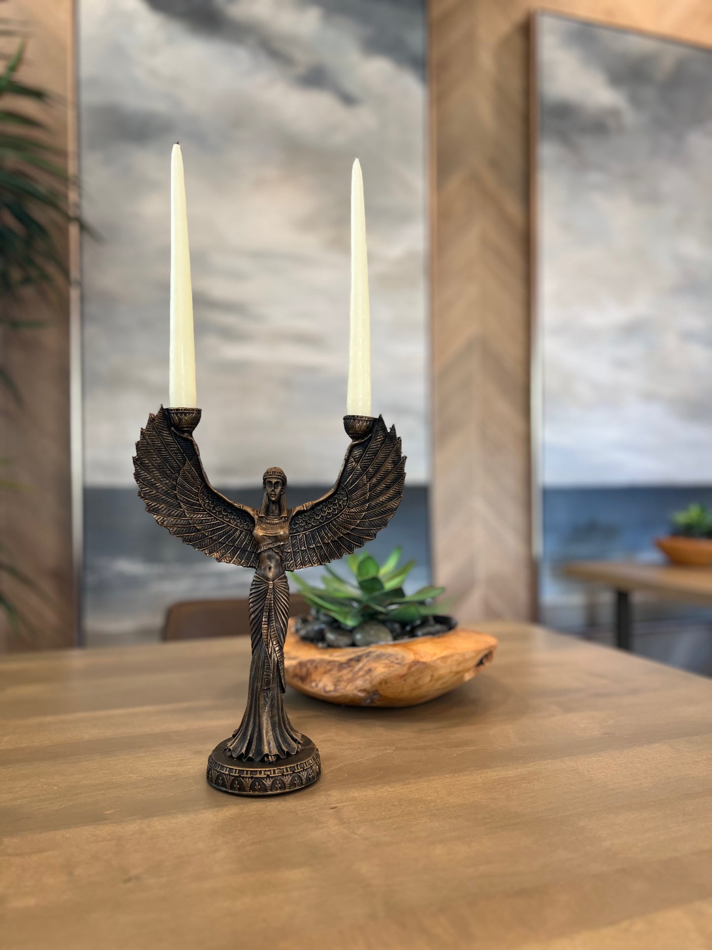 Winged Isis Egyptian Bronze Candle Holder