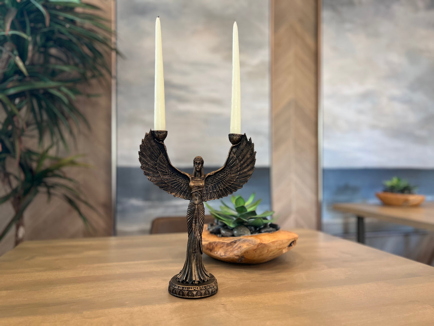 Ancient Egyptian Goddess Isis with Open Wings Candle Holder, beautifully sculpted and hand-painted, made of concrete, resin, and poly-stone, 13 inches in height and 9.9 inches in width, perfect for home and office decor.