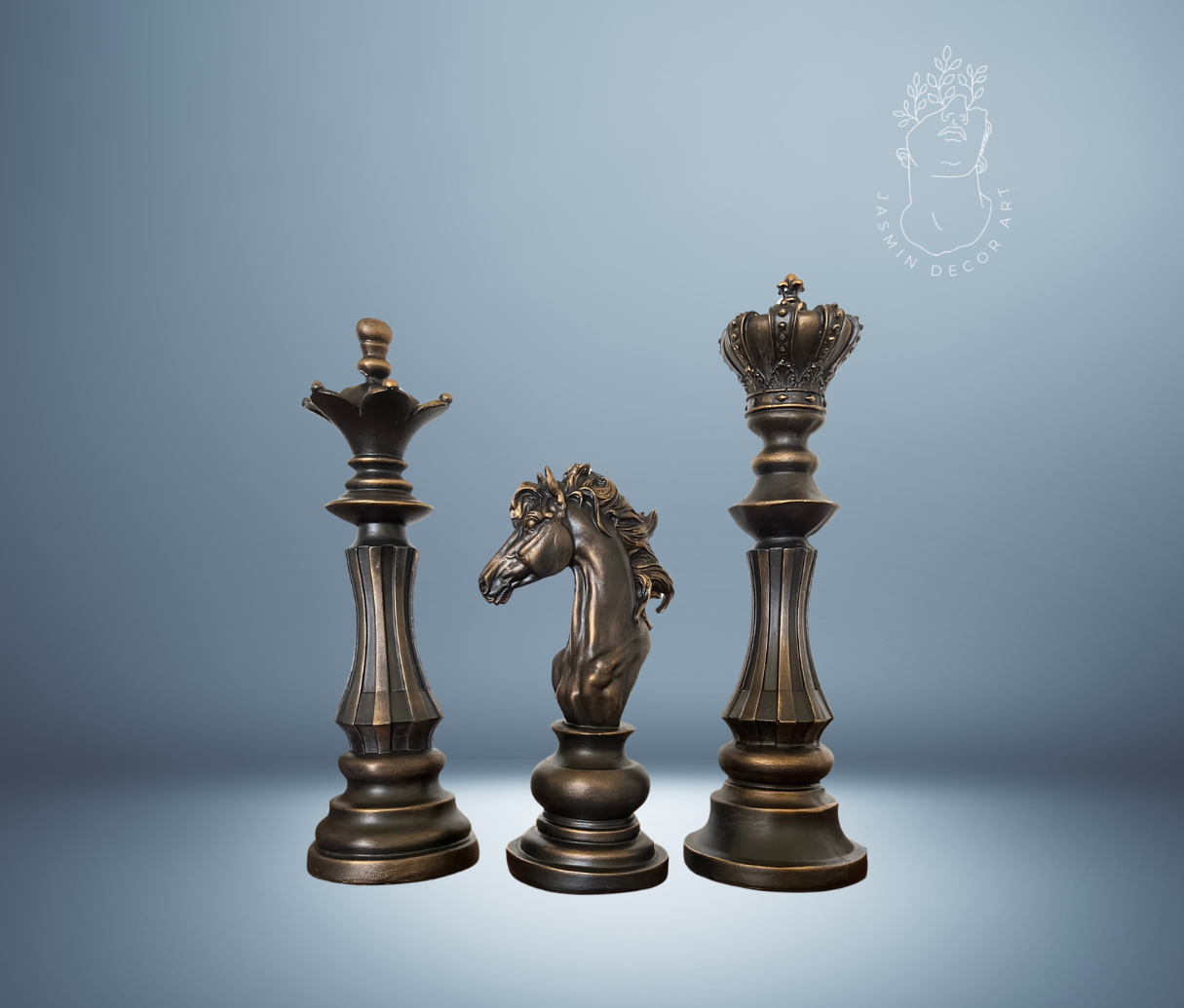 Stunning Chess Statue Set featuring a majestic knight, regal king, graceful queen, and dynamic horse, intricately detailed and crafted by skilled artisans. Perfect for chess enthusiasts and art lovers.