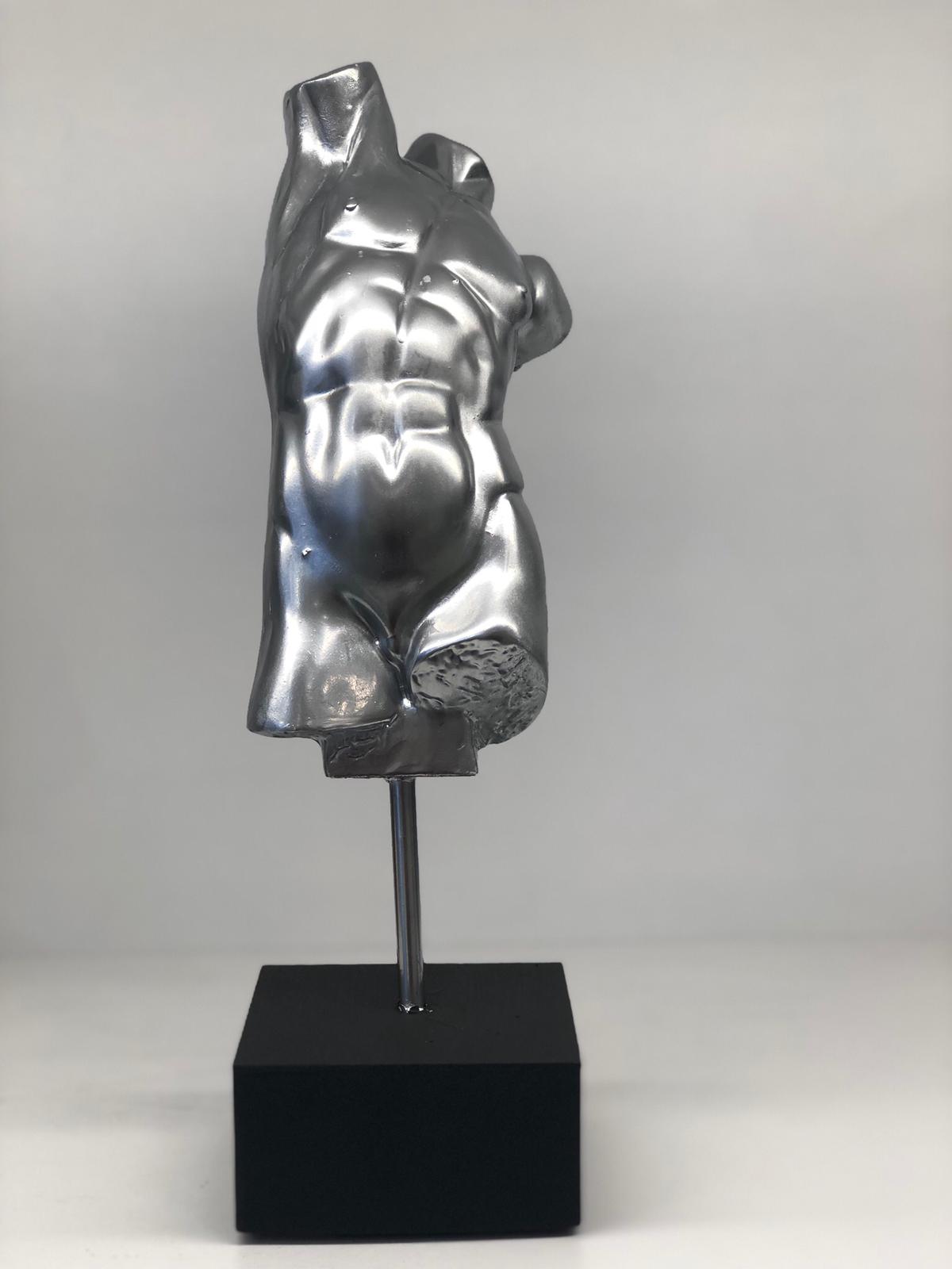 Male Torso Sculpture, Silver 12 inches