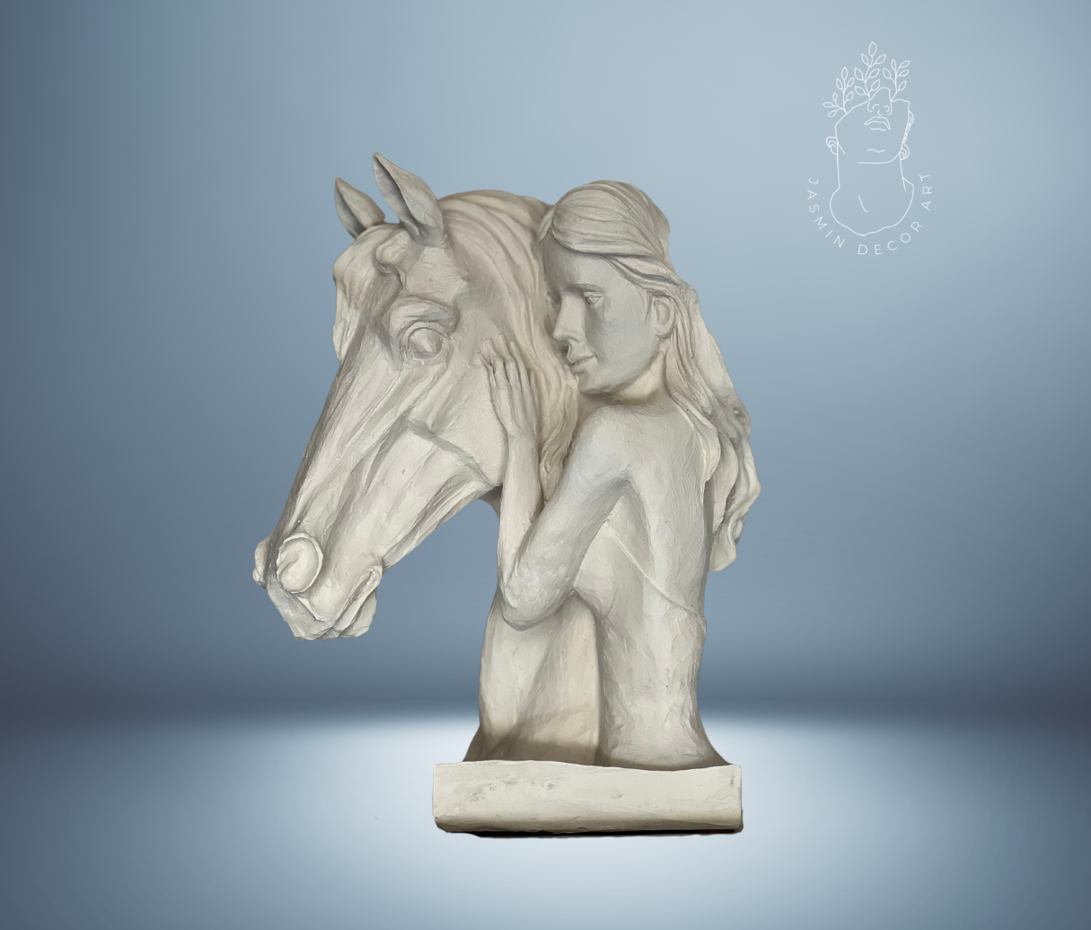 Decorative horse and woman statue symbolizing equestrian spirit, available in beige and beige gold colors.
