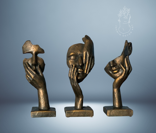 Silent, Shy and Thinker Abstract Face Statues (Antique Gold)