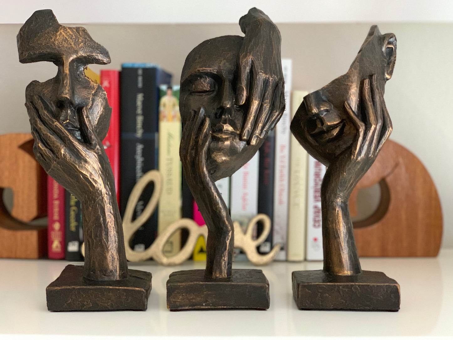 Silent, Shy and Thinker Abstract Face Statues (Antique Gold)