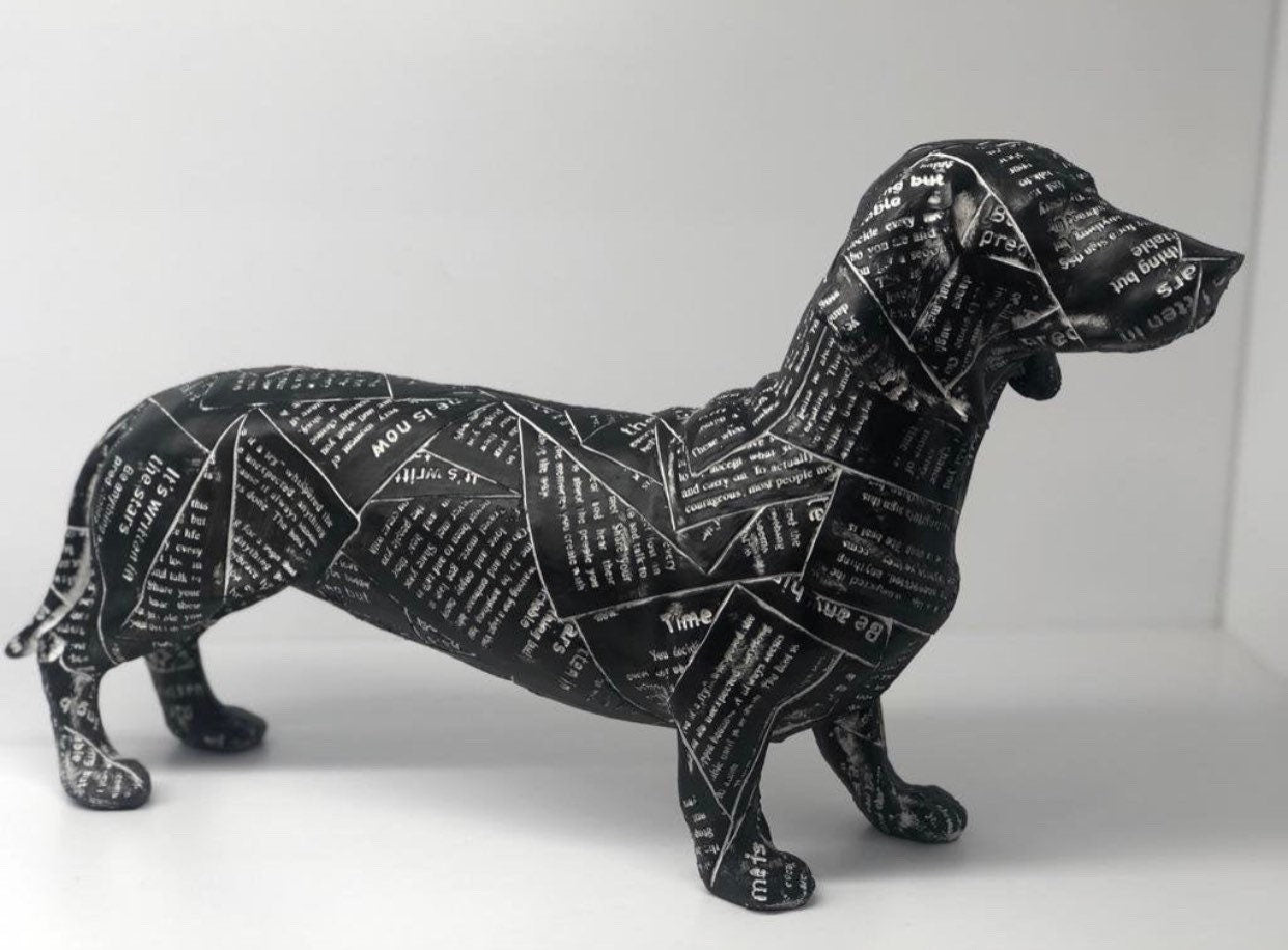 Animal Figurine, 16” Dachshund Dog Camouflage Newspaper Art Statue Animal Decorative Figurine Resin Art&Craft Home Decoration