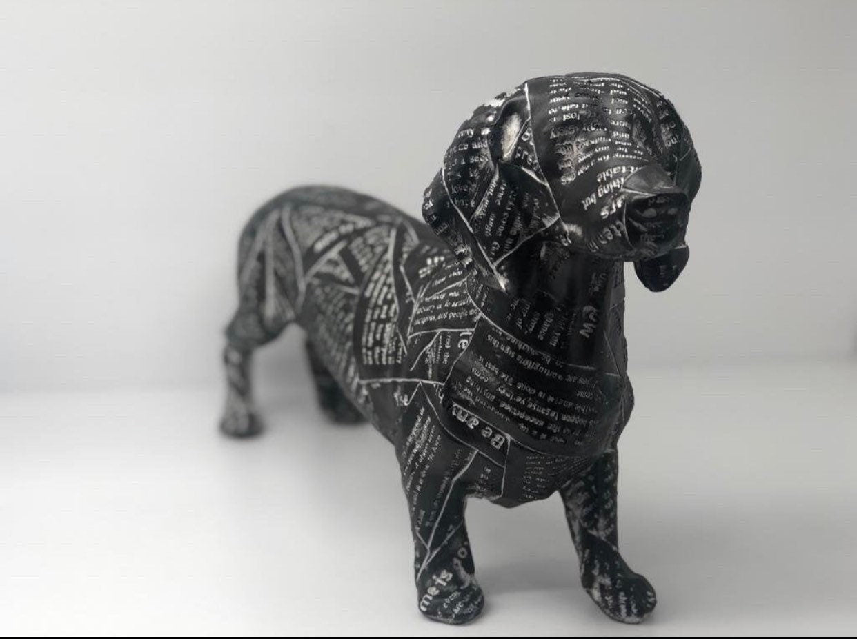 Animal Figurine, 16” Dachshund Dog Camouflage Newspaper Art Statue Animal Decorative Figurine Resin Art&Craft Home Decoration