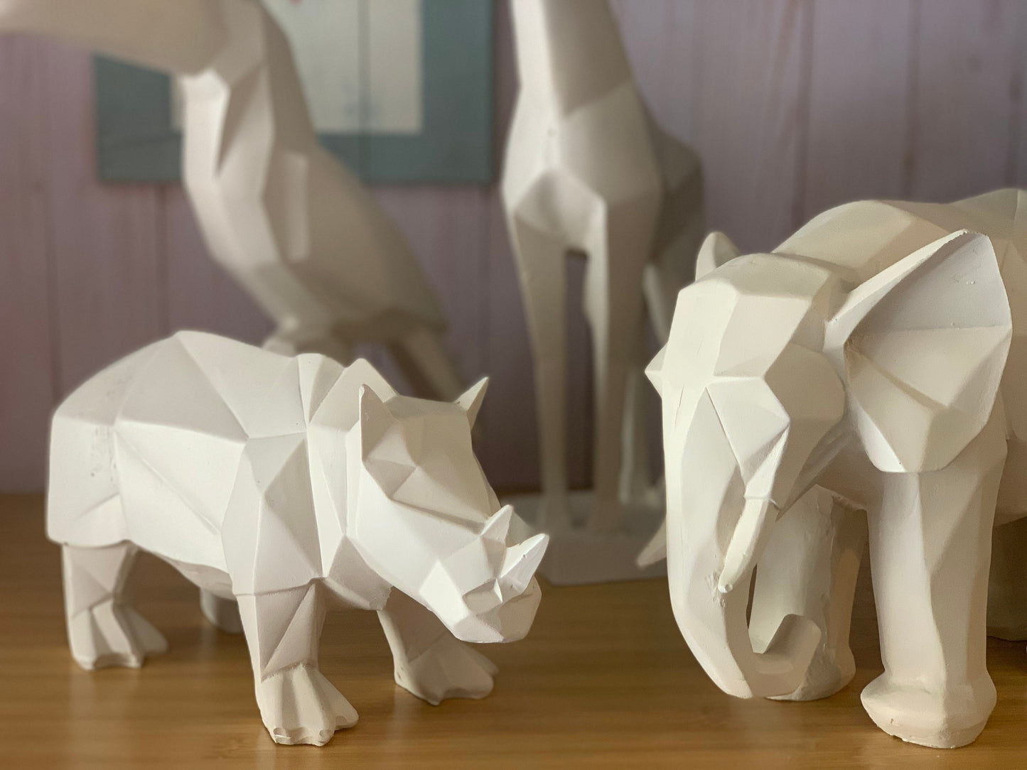 Handmade Geometrical Animal Figurine Sculptures, Giraffe, Toucan, Elephant, Rhino, Safari Jungle Concept, Baby Shower, Cubic Animal Art