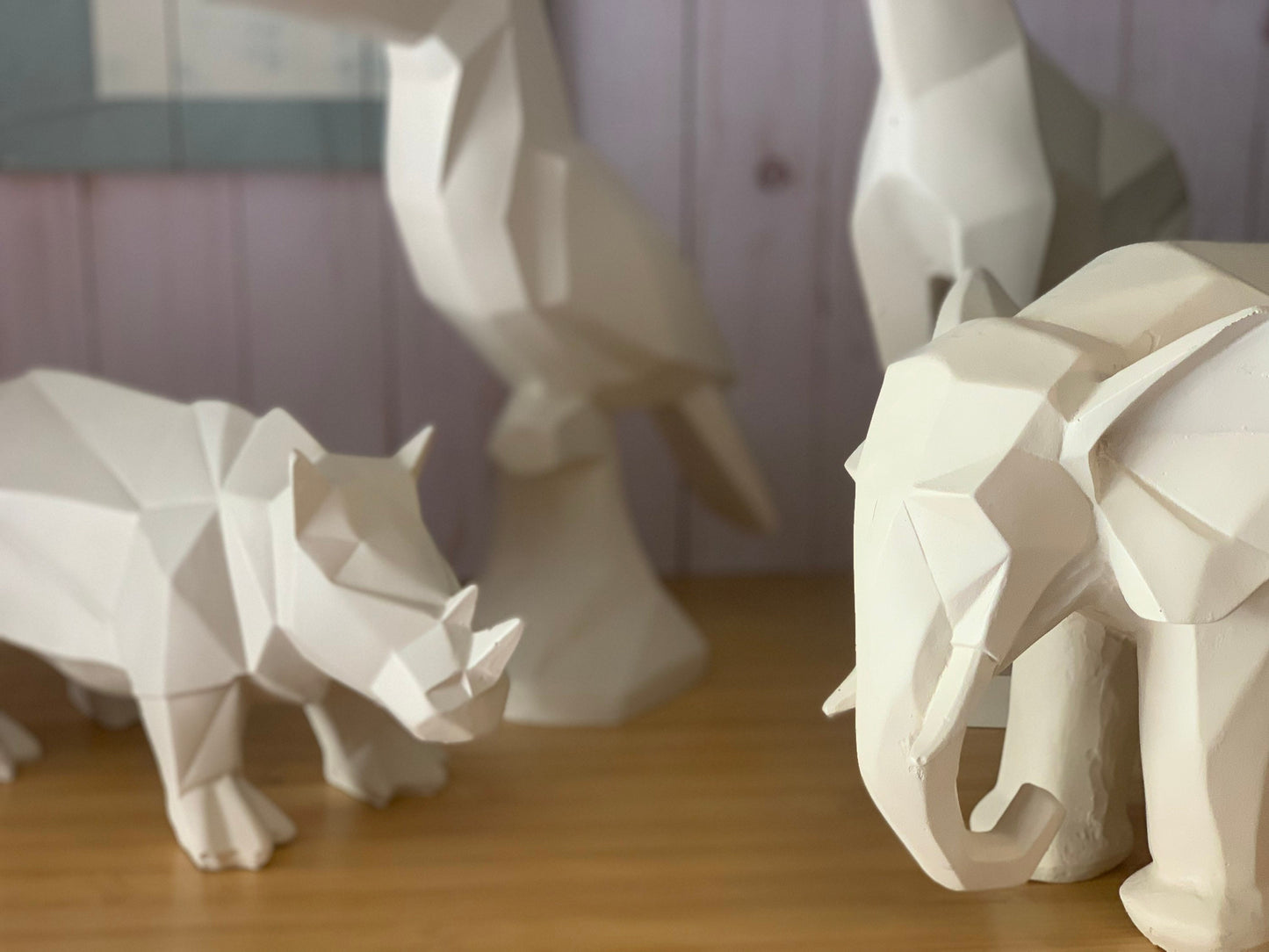Handmade Geometrical Animal Figurine Sculptures, Giraffe, Toucan, Elephant, Rhino, Safari Jungle Concept, Baby Shower, Cubic Animal Art