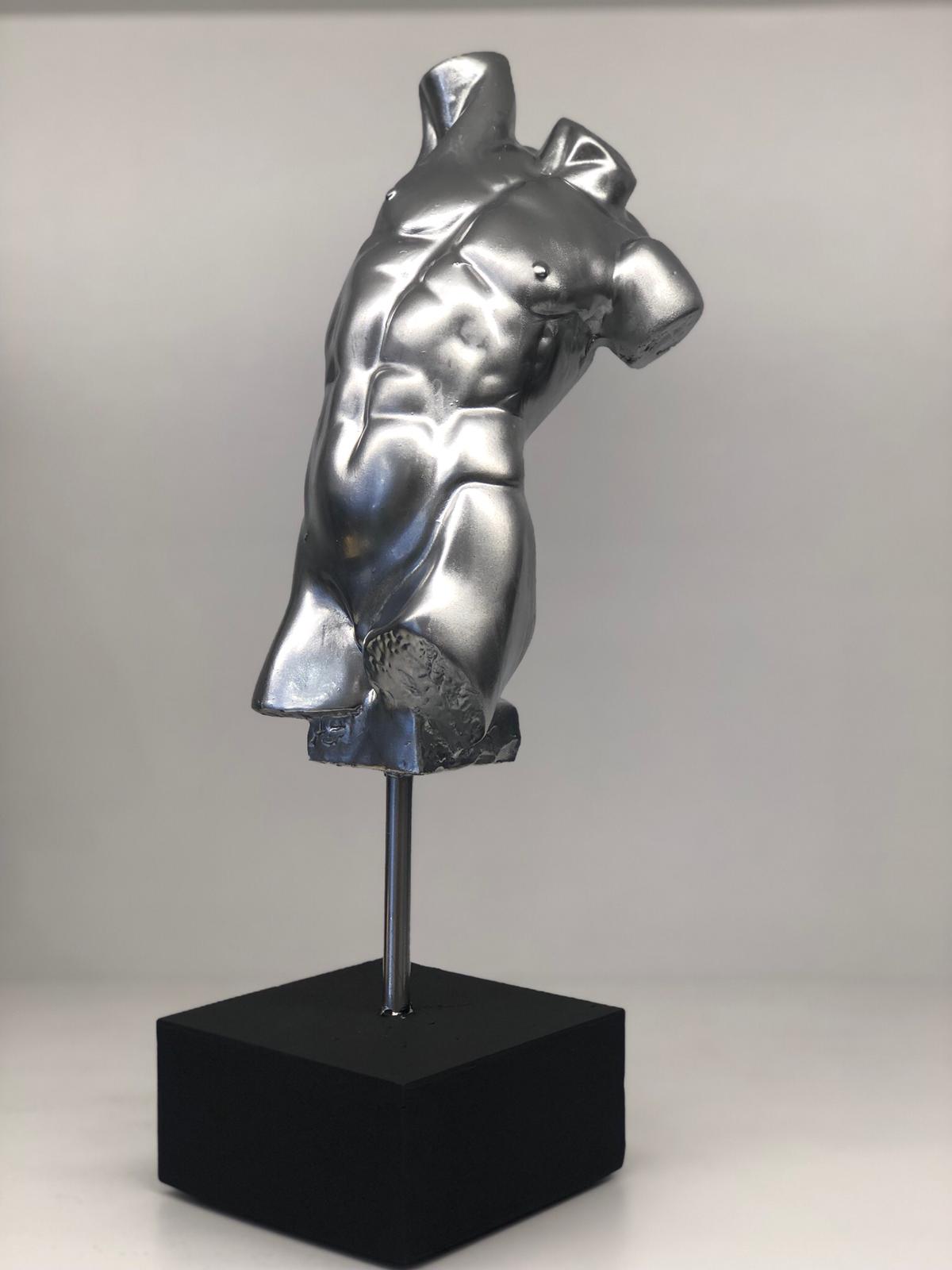 Male Torso Sculpture, Silver 12 inches