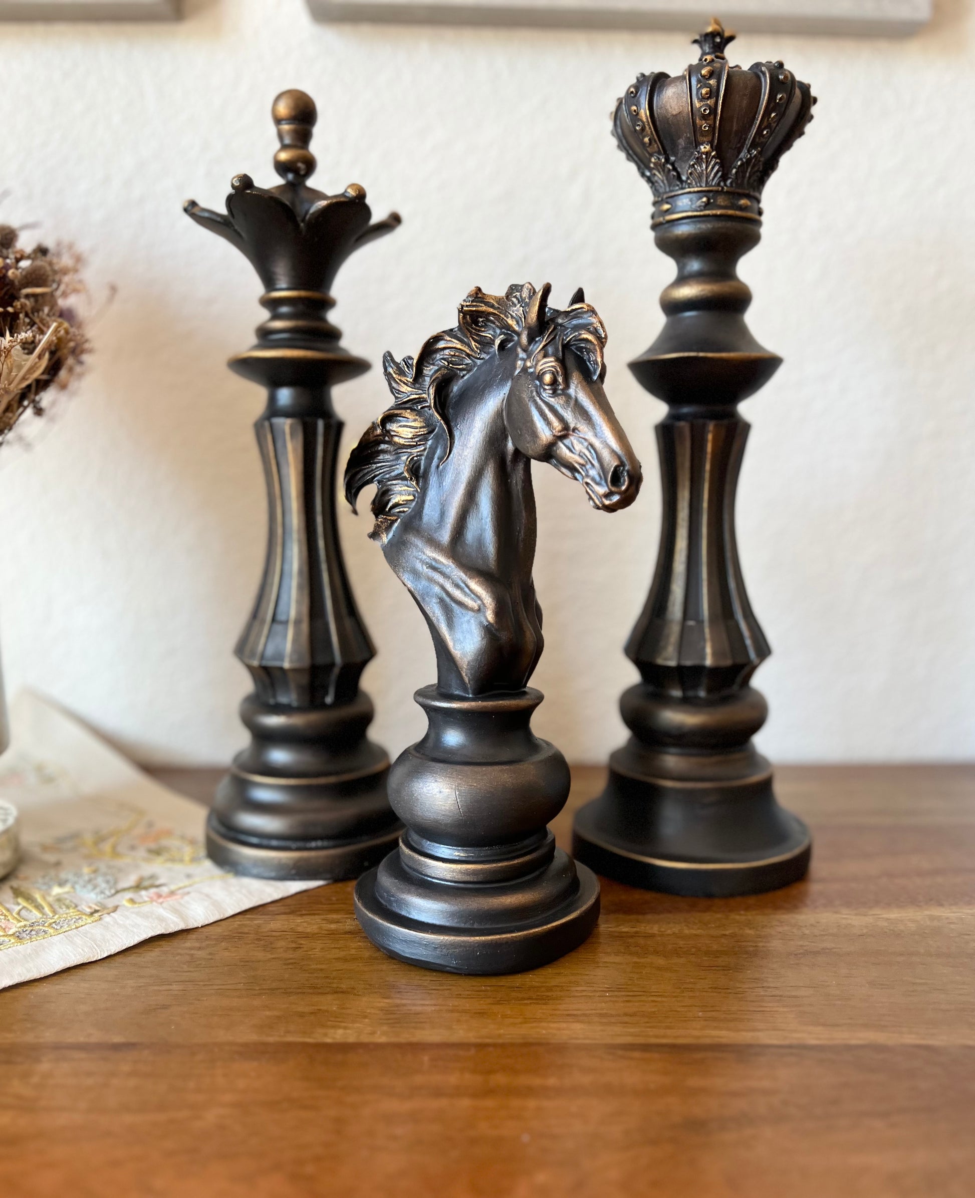 Stunning Chess Statue Set featuring a majestic knight, regal king, graceful queen, and dynamic horse, intricately detailed and crafted by skilled artisans. Perfect for chess enthusiasts and art lovers.