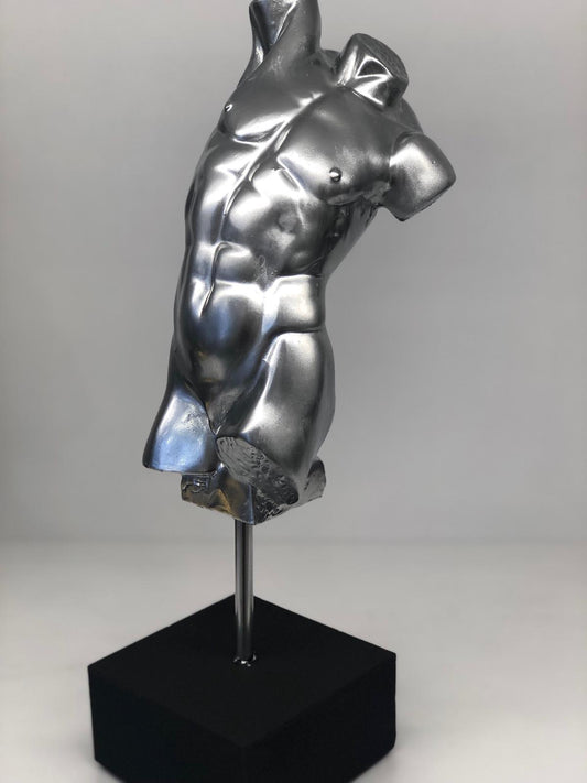 Male Torso Sculpture, Silver 12 inches