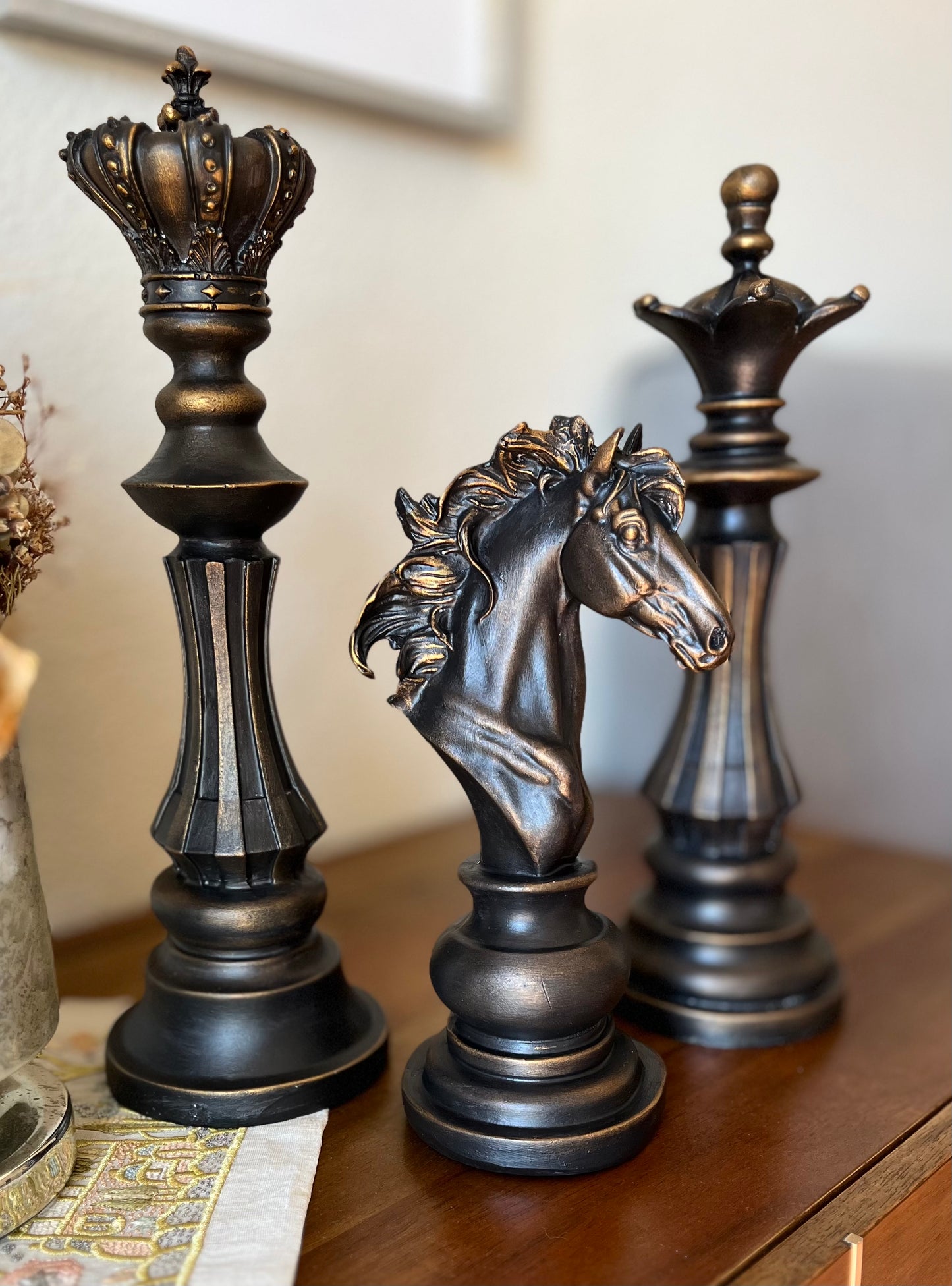 Elegant Chess Statue Set, Chess Set of 3, Knight, King, Queen