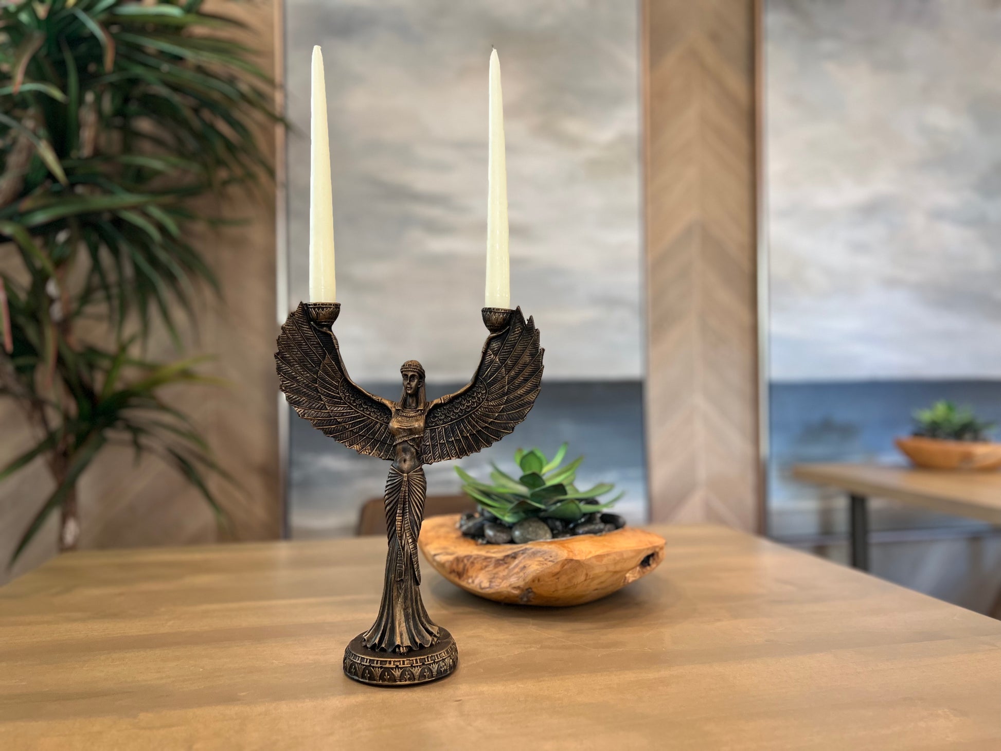 Ancient Egyptian Goddess Isis with Open Wings Candle Holder, beautifully sculpted and hand-painted, made of concrete, resin, and poly-stone, 13 inches in height and 9.9 inches in width, perfect for home and office decor.