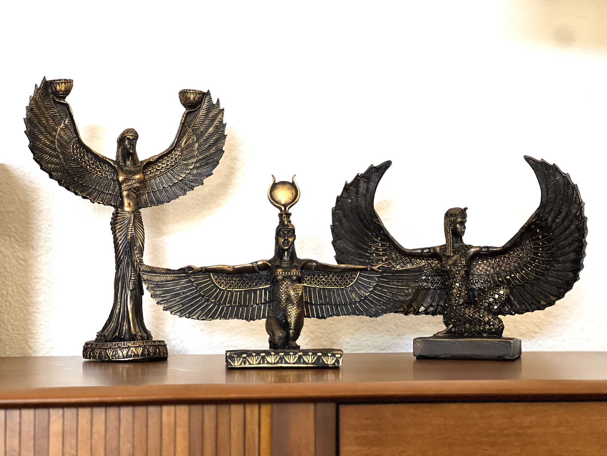 Ancient Egyptian Goddess Isis with Open Wings Candle Holder, beautifully sculpted and hand-painted, made of concrete, resin, and poly-stone, 13 inches in height and 9.9 inches in width, perfect for home and office decor.