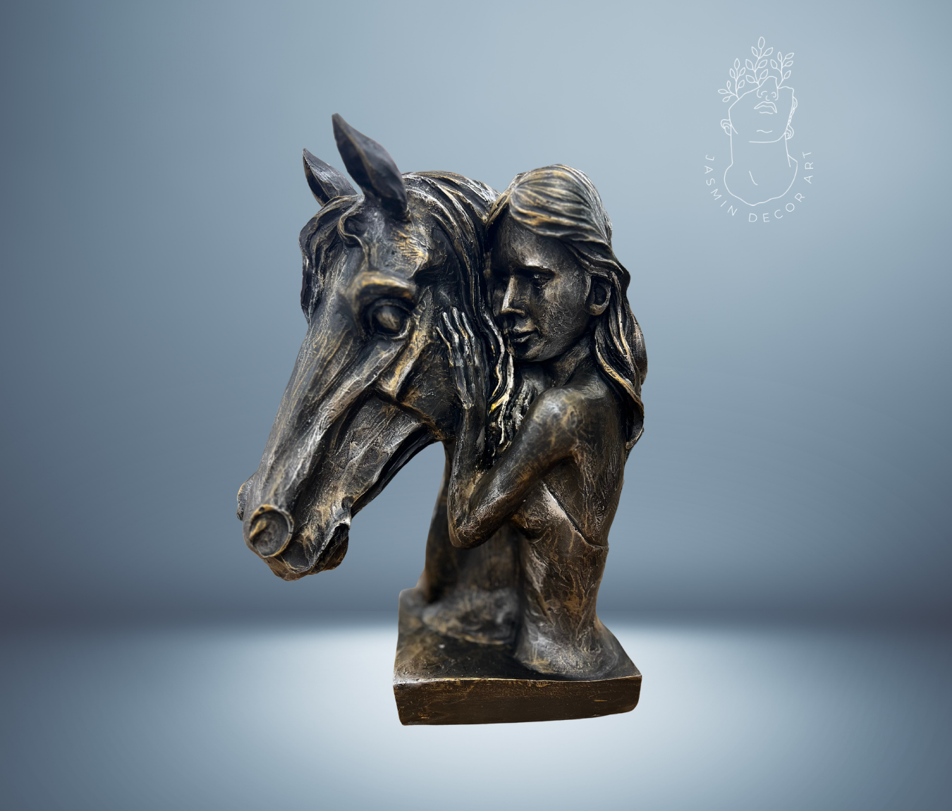 Decorative horse and woman statue symbolizing equestrian spirit, available in Black/Gold or Black/Silver colors.