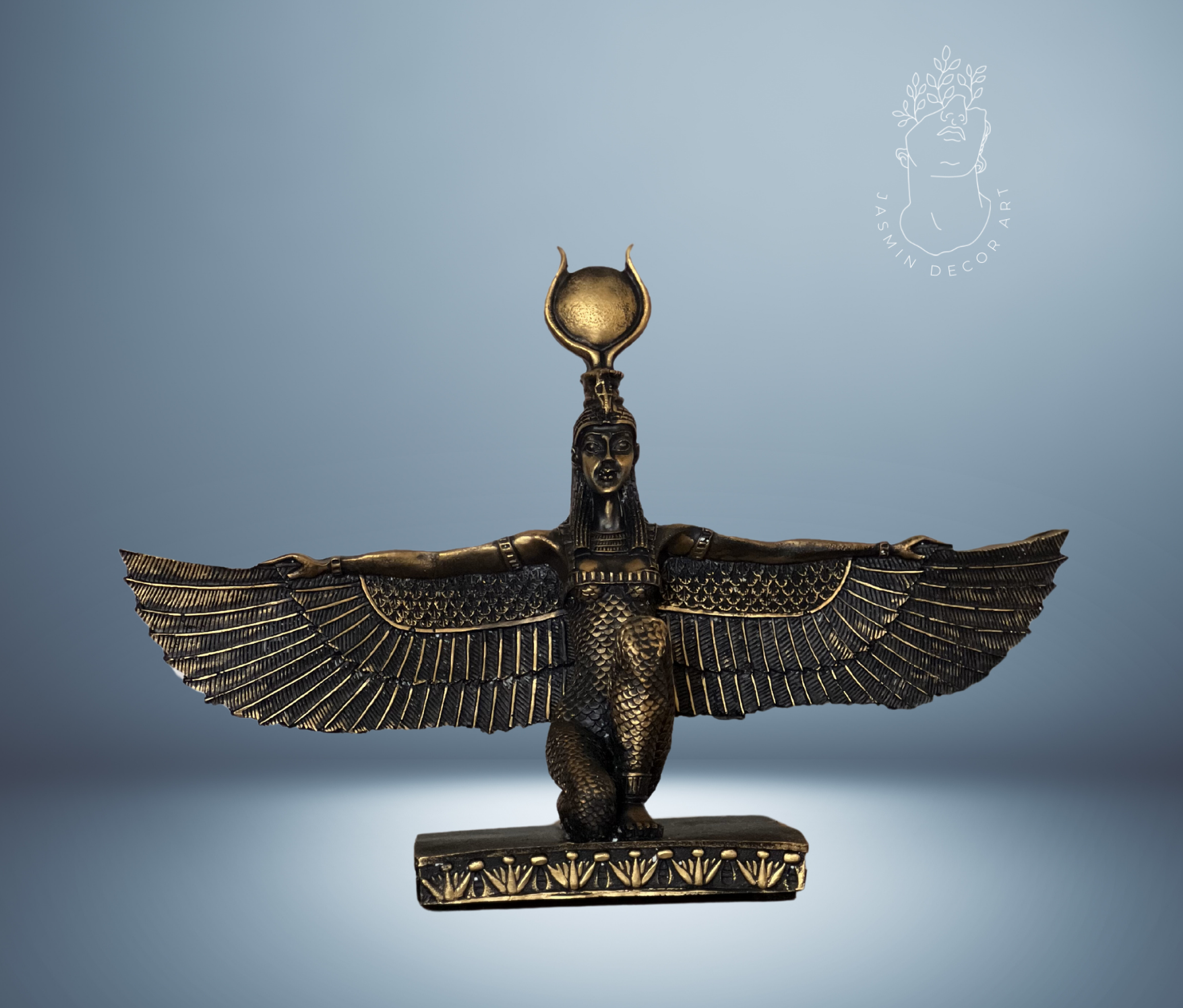 Hand-painted Egyptian Goddess Isis Statue in rich black and faux gold, ideal for home or office decor.