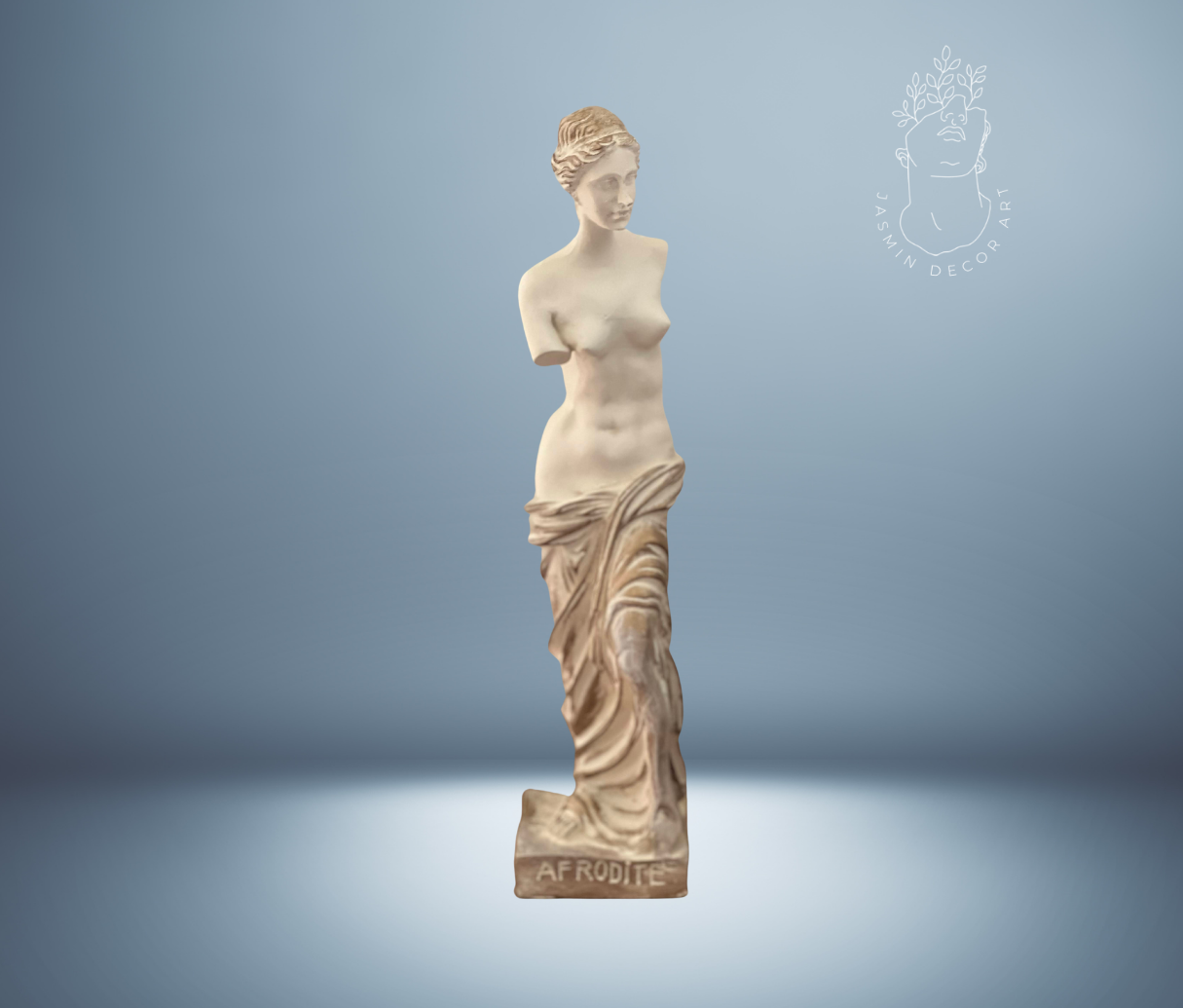 Aphrodite statue made from marble dust and polyresin, depicting the ancient Greek goddess of love and beauty. Height 16 inches, crafted with care, featuring subtle handmade variations