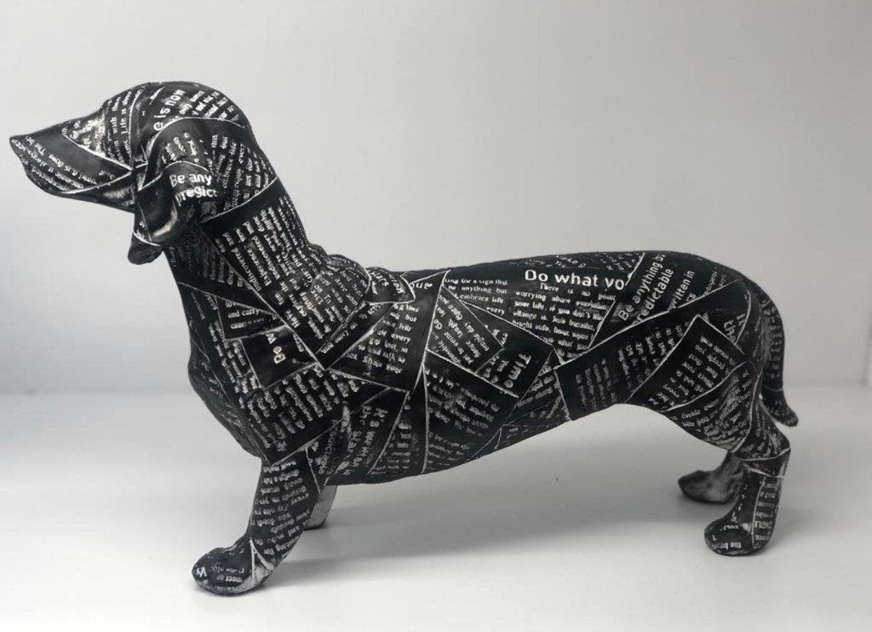Animal Figurine, 16” Dachshund Dog Camouflage Newspaper Art Statue Animal Decorative Figurine Resin Art&Craft Home Decoration
