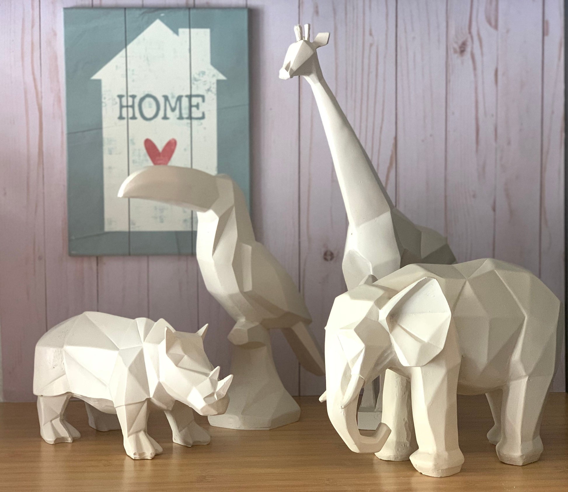 Handmade Geometrical Animal Figurine Sculptures, Giraffe, Toucan, Elephant, Rhino, Safari Jungle Concept, Baby Shower, Cubic Animal Art